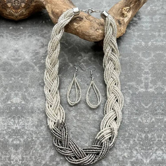 Boho Style Braided Pendant Necklace & Drop Hook Earrings Set‎ - Picture 2 of 7